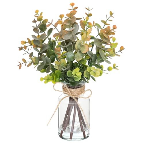 Artificial Eucalyptus Stems in Vase with Faux Water,Fake Plants for Bathroom,Coffee Table,Green Leaves for Centerpiece,Faux Greenery Plants Decorations.(Eucalyptus-Greyish Orange) - color: Eucalyptus-greyish Orange