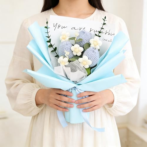 Crochet Flowers Bouquet for Her Handmade Crochet Tulips Artificial Eucalyptus Includes Handheld Gift Box and Card for Home Decor Anniversary Birthdays Mother's Day Graduation Gifts (Blue) - color: Blue