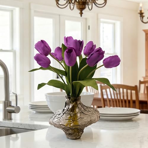 10 Stems Artificial Tulips Bouquet 14" Fake Tulips Flowers Realistic Faux Flowers for Wedding Home Party Decor Spring Decor Valentine's Day and Easter Decorations(Purple) - color: Purple