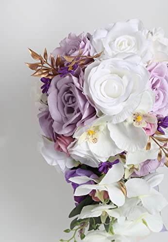Bridal Bouquets for Bride, 11 Inch Artificial Flowers Bridal Bouquet Cascading Wedding Bouquets for Bride for Wedding Ceremony and Anniversary(White Purple) - color: White Purple