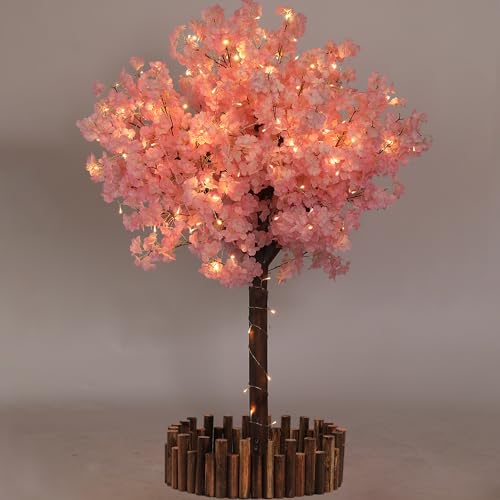 6FT Pink Artificial Cherry Blossom Tree with Warm LED Light, Handmade Reslistic Cherry Tree Prelit Christmas Tree for Indoor & Outdoor Decor for Garden, Wedding & Home (1.8M/8 Trunks) - size: 6 ft