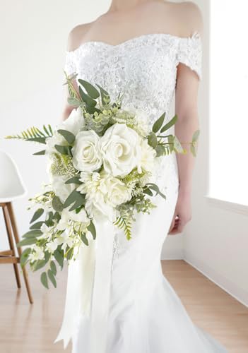 Bridal Bouquet Cascading, White & Green Wedding Bouquets for Bride Bridesmaid 10" Artificial Flowers Bouquet for Wedding Decor - color: White & Green