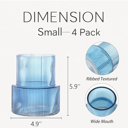 Ribbed Glass Vases, Set of 4 Small Vases for Flowers, Blue Glass Vase for Tulips, Modern Vase for Living Room, Kitchen, Office, Entryway, Bookshelf, Wedding Gifts, Birthday, 6 Inches - color: Blue, size: Ribbed 6 Inches (4-Pack)