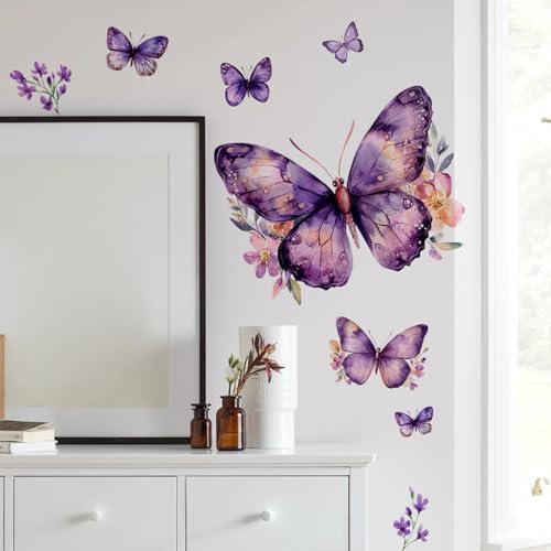 Purple Butterfly Wall Decals Removable Purple Butterflies with Flowers Wall Stickers Peel and Stick Vinyl Butterfly Art Wall Decor for Living Room Bedroom Nursery Bathroom Classroom Decorations - style: Purple Butterfly