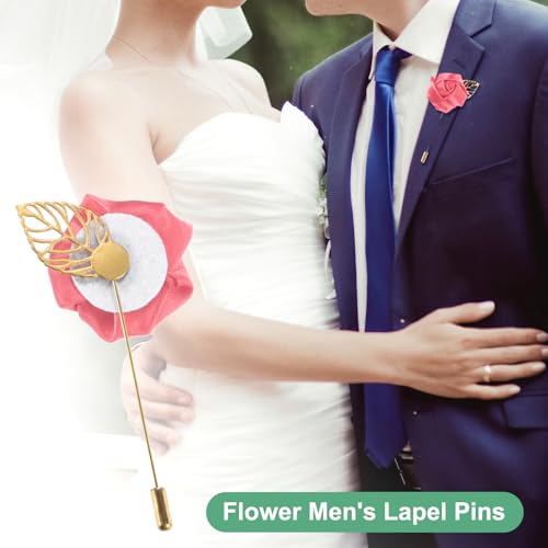M METERXITY 1-Pack Flower Lapel Pins for Men, Golden Leaf Rose Boutonnieres Pin Groom Boutonnieres for Wedding/Dance/Party, Men Lapel Pins for Suits Satin Flower Corsage [Dark Pink] - color: Dark Pink