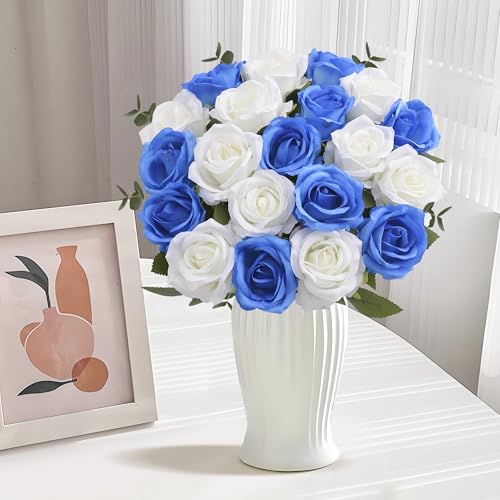 20PCS Artificial Roses with Long Stems - Realistic Silk Flowers, Fake Roses Real Touch Bouquet Roses for Home Decor, Bridal Wedding Table Centerpieces, Faux Rose Flowers (White&Royal Blue) - color: White&royal Blue, size: 20 PCS