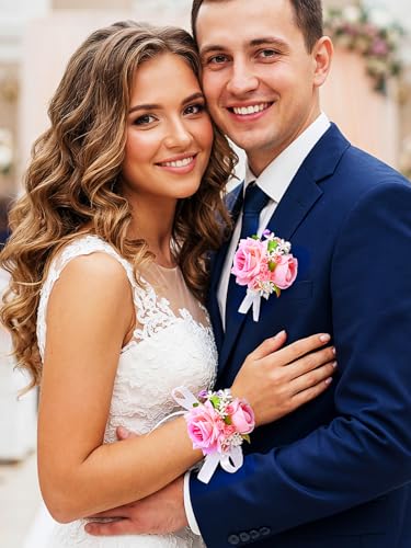 Campsis Corsage Boutonniere Set Coral Pink Wrist Corsage Groom Boutonnieres for Wedding