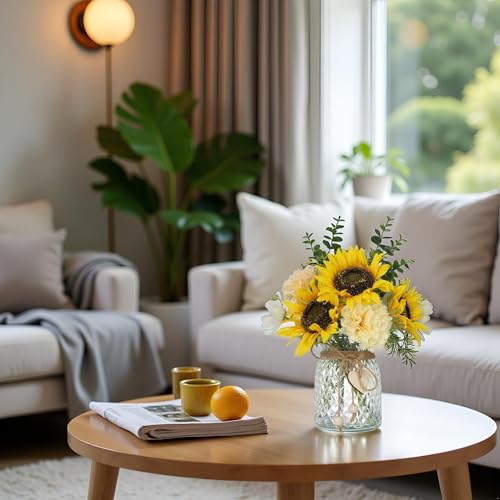 Fake Flowers in Vase,Artificial Sunflower Bouquets in Vase with a Flower Arrangement Holder,Table Centerpieces for Dining Room,Flower Centerpieces for Tables,Faux Flowers for Coffee Table Decor - color: Yellow