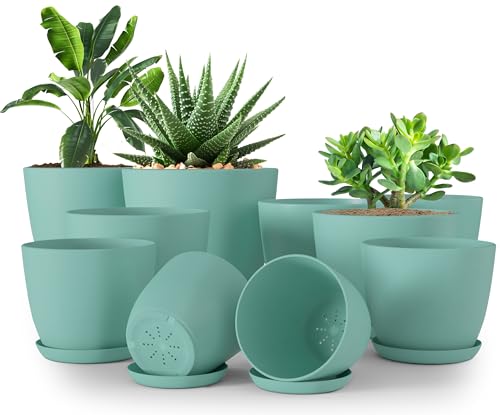 Utopia Home - Plant Pots Indoor with Drainage - 7/6.6/6/5.3/4.8 Inches Home Decor Flower Pots - Plastic Planters for Indoor Plants, Cactus, Succulents Pot (Aqua, Pack of 10) - color: Aqua, size: Pack of 10