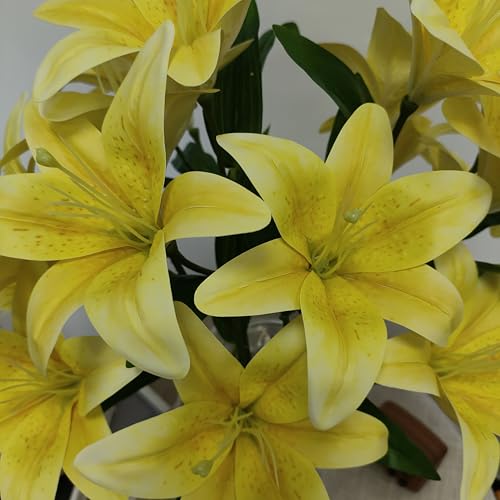 Artificial Lily Flowers,6 Pcs Faux Lily Flowers,23 Inch Long Stem Tiger Lily Branch with 3 Full Blooms and 4 Leaves, Latex Real Touch Lilium Flower for Wedding Bouquet (6, Yellow) - color: Yellow