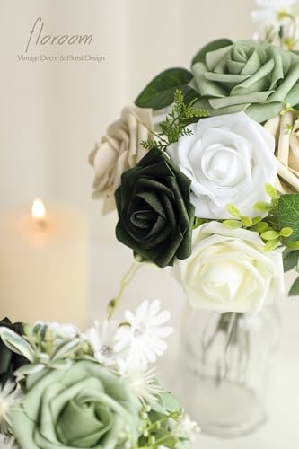 Floroom Artificial Flowers 25pcs Real Looking Emerald Green Ombre Colors Foam Fake Roses with Stems for DIY Wedding Bouquets Bridal Shower Centerpieces Sage Green Floral Arrangements Tables Decoration - color: Shades of Emerald & Tawny Beige