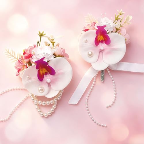 Phalaenopsis Orchid Wrist Corsage and Boutonniere Set, Artificial Corsage Wristlet and Boutonniere for Wedding Prom Party (Phalaenopsis.2Pcs) - color: Phal.pink 1 Boutonniere&1 Wrist Corsage
