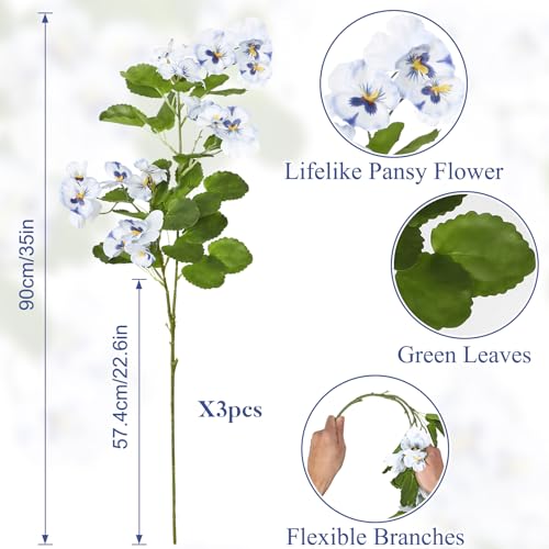 3Pack Artificial Pansy Flowers Silk Flowers Arrangements 35In Artificial Fake Flowers with Long Stems Spring Flower Bouquets for Vase Home Wedding Party Table Centerpiece Decor(White) - color: White