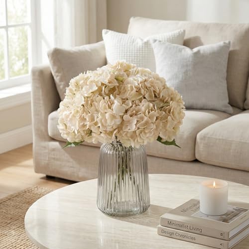 2Bouquets Artificial Fake Flowers Plants Silk Hydrangea Arrangements Wedding Bouquets Decorations Plastic Floral Home Kitchen Garden Party Festival Bar DIY (Ivory White, 5 Flower Heads) - color: Ivory White, 5 Flower Heads