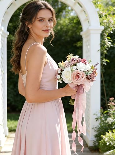 8.6in Artificial Wedding Bridal Bouquet - Blush Pink Rose Floral Arrangement for Bride, Bridesmaid, Wedding Toss, Ceremony & Home Decor (Blush Pink) - color: Blush Pink