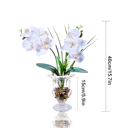 Jusdreen Artificial Orchid Centerpiece with Glass Vase, 14.5 Inch Lifelike Phalaenopsis Bonsai for Home Office Table Decor, White Orchid Arrangement with Potting - color: Wine Glass-white