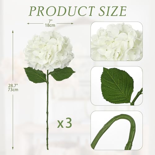 Hollyone 3Pcs White Hydrangea Artificial Flowers Real Touch Faux Silk Hydrangeas Flowers with Stem Fake Florals Flower for Home Wedding Table Centerpiece Vase Arrangements Decoration - color: White
