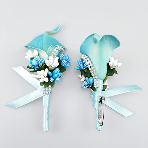 Ciandid Calla Lily Boutonnieres Set of 6, Groom Groomsman Best Man Boutonniere, Handmade Silk Flower for Wedding Ceremony Anniversary (Calla Lily-Blue, 6pcs) - color: Turquoise