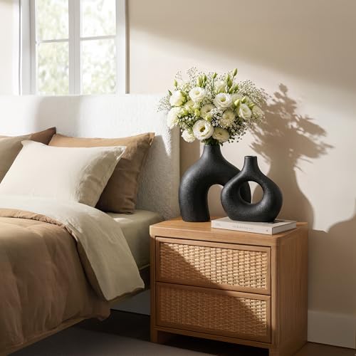 Black Ceramic Flower Vase Home Decor Set of 2, Farmhouse Table Vases Rustic Vintage Living Room Kitchen Bedroom Decorations for House Book Shelf Office Coffee Desk Dining Fireplace - color: Large Black