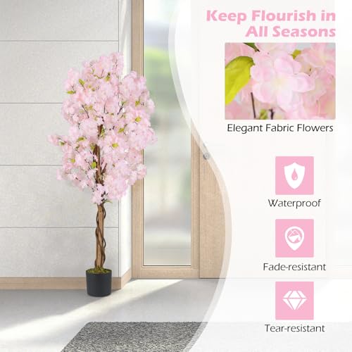 GOFLAME 5FT Artificial Cherry Blossom Tree, 2 Pack Faux Pink Silk Plant with Solid Wood Trunk, Realistic Moss and Nursery Pot, Fake Sakura Flower Tree for Home Office Indoor Decor