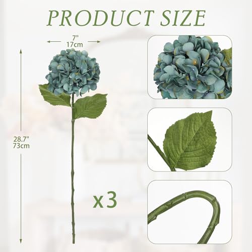 Hollyone 3Pcs Blue Hydrangea Artificial Flowers 28.7" Real Touch Large Faux Silk Hydrangeas Flowers with Stems Fake Flower for Home Wedding Floral Arrangement Centerpiece Table Vase Fall Decor - color: Blue