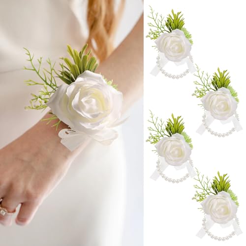 Garisey 4pcs Wedding White Rose Wrist Flowers Artificial Rose Flowers for Ceremony Prom Party Accessories (4 Wrist Corsage White) - color: 4 Wrist Corsage White