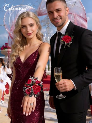 Prom Corsage and Boutonniere Set Red Black,Artificial Silk Rose Wrist Corsage for Homecoming, Formal Dance Party, Wedding,Graduation,Anniversary - color: C-red&black
