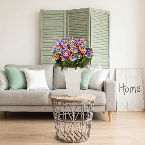 72 Pcs Artificial Roses Rainbow Fake Silk Roses Realistic Roses Faux Flower Indoor Wedding Home Decor, Birthday Decorations - color: Rainbow