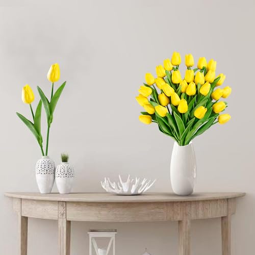 Sggvecsy 15 Pcs Fake Tulips Artificial Flowers Real Touch PU Faux Flowers Tulip Stems for Wedding Spring Bouquet Floral Arrangement Home Party Office Decorations for Mother's Day (Yellow) - color: Yellow, size: 15 Pcs