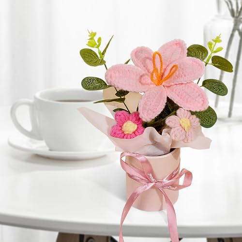 Handmade Crochet Tulip Flower Bouquet in Pot, Knitted Pink Tulip for Mother's Day Birthday Wedding Christmas, DIY Décor for Car Office Desk & Home Décor, Perfect for Mom Wife Girlfriend Lover (Pink) - color: Pink