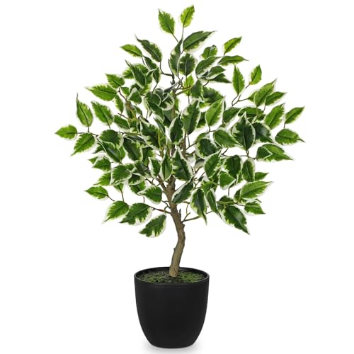 Artificial Potted Plants Indoor,19" Faux Plants Ficus Leaves Trees in Pot Realistic Fake Plant Indoor Potted for Living Room Office Farmhouse Room Bathroom Bedroom Kitchen Plant Decor Green and White - color: Green and White