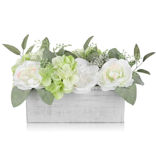 DILATATA Flower Arrangement with Wooden Vase 10" Artificial Flowers in Pot - Fake Flowers in White Rectangular Wooden Vase Potted Faux Flower Centerpieces for Table Decor Living Room - White - color: 10"l White