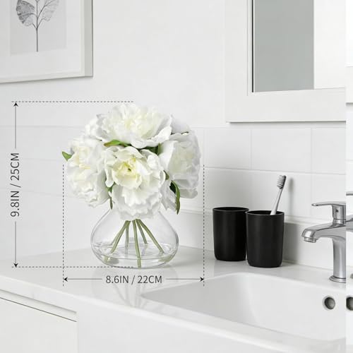 White Peony Bouquet in Glass Vase - 6 Piece Artificial Flower Arrangement with Faux Water for Wedding & Home Centerpieces - color: Peony Flowers, size: White