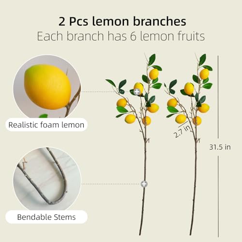 2 Bunches Artificial Lemon Stems, 12 Pcs Faux Lemon Fruit with Green Leaves, Fake Lemons Decor for Vase Filler, Kitchen Table Farmhouse Centerpiece Decor(LB-01)