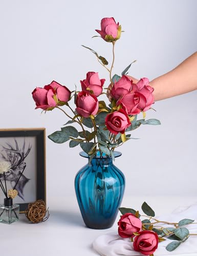 PONKING Rose Artificial Flower Buds 12pcs Realistic Faux Silk Roses Fake Flowers Bouquets Arrangements Decor for Wedding Spring Mother's Day, Home Table Decorations, Dark Magenta Flower - color: C 12pcs Dark Magenta Rose