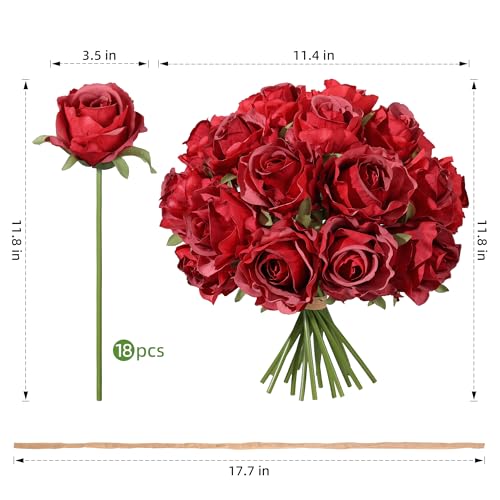 Ivydale 18pcs Red Roses Artificial Flowers, Fake Roses Silk Flowers with Stems Realistic Bouquet for Wedding Party Mother's Day DIY Centerpiece Floral Romantic Gifts - color: Rose-red
