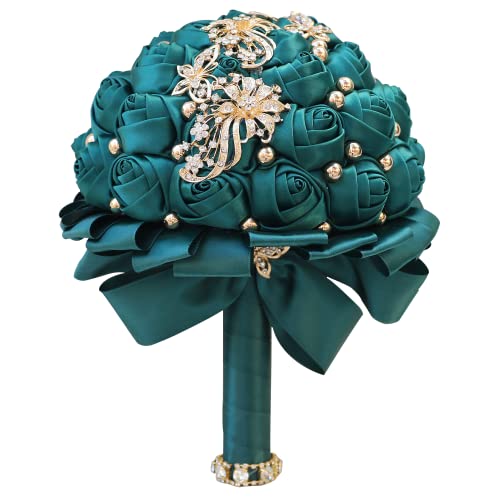 WIFELAI-A Golden Rhinestone Brooch Wedding Flowers Bridal Bouquets Crystal Bride Holding Bouquet White Ivory Satin Roses with Diamond - color: Emerald Green