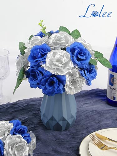 LELEE 108pcs Roses Head Flowers with Stem, Royal Blue and Silver Artificial Flowers Rose Bulk, Silk Rose Fake Flower for Baby Shower, Birthday, Graduation, Retirement, Anniversary Party Decorations - color: Silver-blue