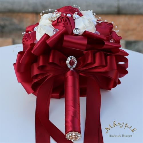 6.3" Dark Red & Ivory Bridal Wedding Bouquet Round Holding Bouquet Throw Toss Artificial Rose Flower Bunch for Bride Bridesmaid Wedding Quinceanera - color: Dark Red & Ivory, size: Mini (Dia. 6.3"/16cm)