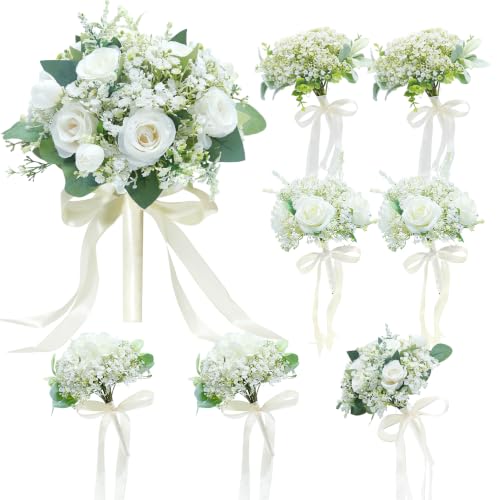 Artificial Bridesmaid Bouquets Set of 8 - Ivory White 9 Inch Various Flower Bouquet for Wedding Party Ceremony Anniversary Dinning Table Centerpieces Decor Faux (with Ribbon) - color: Various