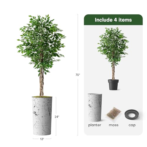 Artificial Tree in Abstract Ink Planter, Fake Ficus Silk Tree for Indoor and Outdoor Home Decoration - 75" Overall Tall (Plant Pot Plus Tree) - style: Ficus Tree