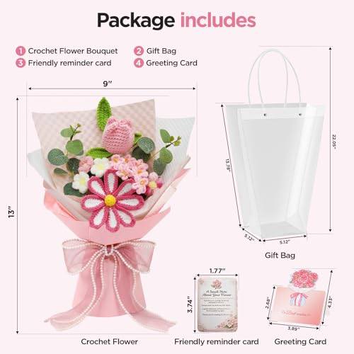 Crochet Flower Bouquet, Pink Handmade Crochet Flowers, Crochet Tulip Flowers with Card Gift for Her Wife Lover Girlfriend Friends Valentines Day Anniversary Birthday Mother's Day Graduation Wedding - color: Tulip
