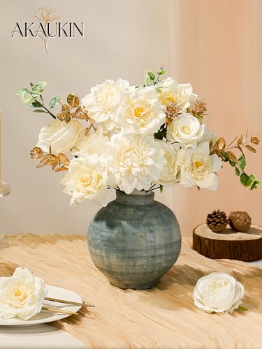 Artificial Flowers Combo Set Brilliant White Dahlia Roses DIY Wedding Decor | Silk Fake flowers arrangement set for home decor crafts reusable party bouquets DIY wedding table and event decorations - color: Brilliant White, size: The Minimalist