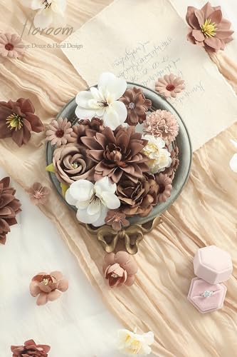 Floroom Mini Artificial Flower Heads Brown & Taupe Fake Peony Daisy Rose Multicolor Small Faux Silk Flower Heads for Cake Craft Garland Wedding Party Graduation Cap DIY Home Decoration, 0.8"-3.6" - color: Rustic Taupe