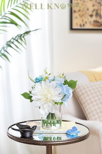 WELL KNOWN Artificial Flowers in Glass Vase with Fake Water, Silk Rose Dahlia Peony Flower Bouquet for Home Dining Coffee Table Office Hotel Wedding Party Lavatory Decor & Birthday Gift (Blue & White) - color: Blue &White
