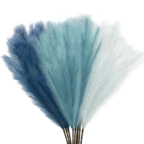9Pcs 3FT Colorful Faux Pampas Grass for Boho Decor, KALYLOC Non-Shedding Fluffy Artificial Bulrush, Tall Reed Fluffy Stems Vase Filler Living Room Wedding Decoration (Light Blue)… - color: Light Blue