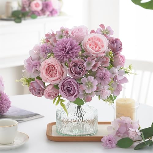 4 Pcs Mixed Artificial Peony Flowers Set-2 Bouquets & 2 Stems, Purple Fake Peony Rose Hydrangea Flower for Vase Silk Floral Arrangement for Table Centerpiece Wedding Party Bridal Decoration Home Decor - color: Purple, size: Mixed 4pcs