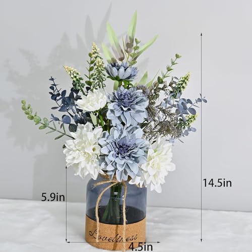 Fake Flowers in Vase,Silk Dahlias in Vases,Flower Arrangements Decoration | Fake Flowers in Vase,Silk Dahlias in Vases,Flower Arrangements for Table,Used for Home Office, Bathroom, Kitchen Decoration - color: Blue+white