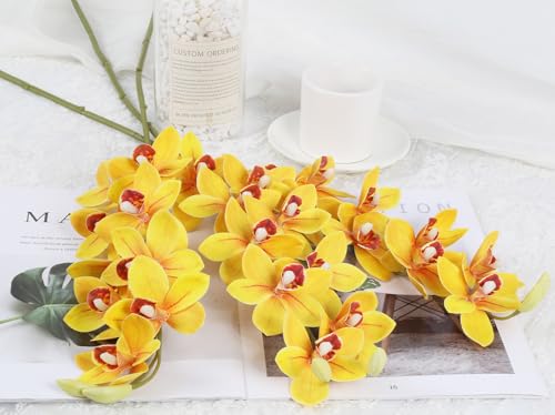IPOPU Yellow 5 Pcs Artificial Orchids That Look Real Real Touch Latex Orchid Fake Flowers for Living Room Bathroom Kitchen Wedding and Engagement Centerpiece Arrangement - color: Yellow