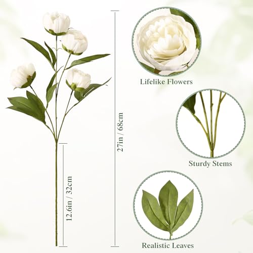 6Pcs Faux Peonies Artificial Flowers 27" White Peonies Faux Flowers for Vase Artificial Peony Flower Arrangement for Vase Filler DIY Bouquets Centerpieces Wedding Party Bridal Shower Decor - size: 6PCS